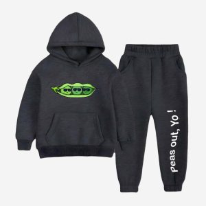 Peas Out Printed Hooded Tracksuit For Young Kids - Charcoal
