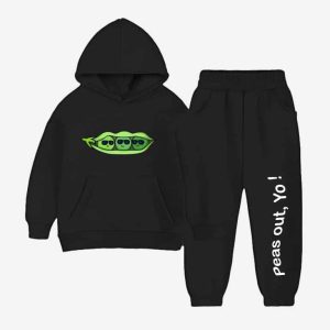 Peas Out Printed Hooded Tracksuit For Young Kids - Black