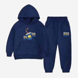Drew Printed Hooded Tracksuit For Young Kids - Navy Blue