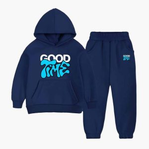 Good Time Printed Hooded Tracksuit For Young Kids - Navy Blue