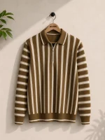 Stripe Zip Beige Collar Shirt for Mens