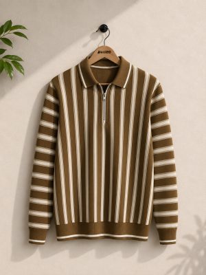 Stripe Zip Beige Collar Shirt for Mens