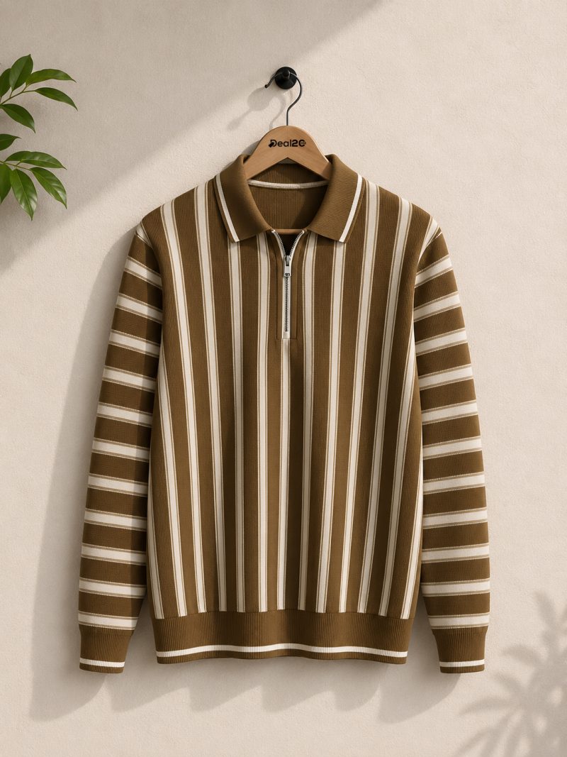 Stripe Zip Beige Collar Shirt for Mens