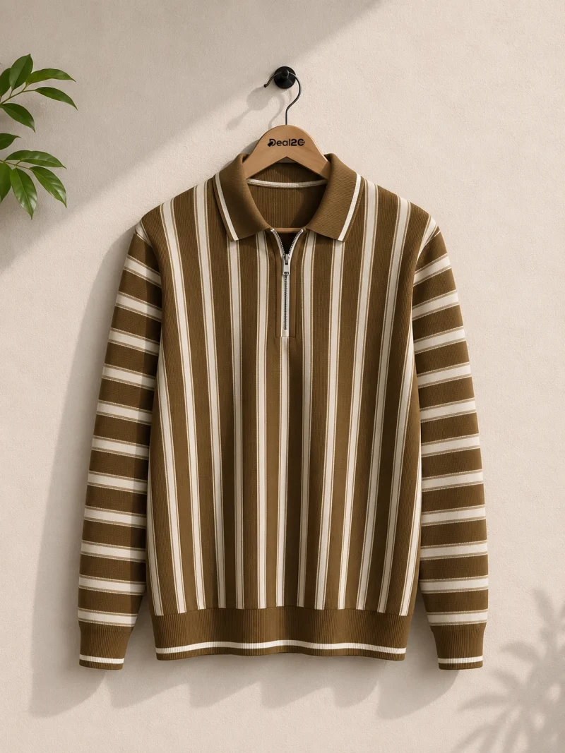 Stripe Zip Beige Collar Shirt for Mens