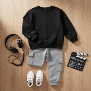 Black & Gray Cargo Sweatshirt Tracksuit for Young Kids