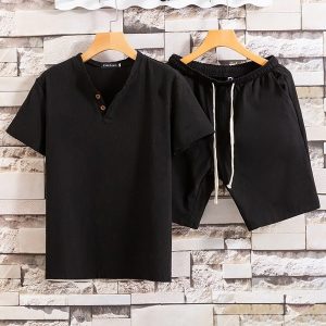 Men Black Short Sleeve Pullover Button Summer Short Suit