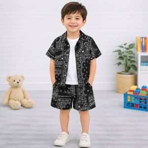Black Stylish Paisley Shirt and Shorts Set For Kids