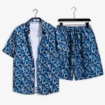 Men Blue Leaf Printed Summer Short Suit