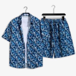 Men Blue Leaf Printed Summer Short Suit
