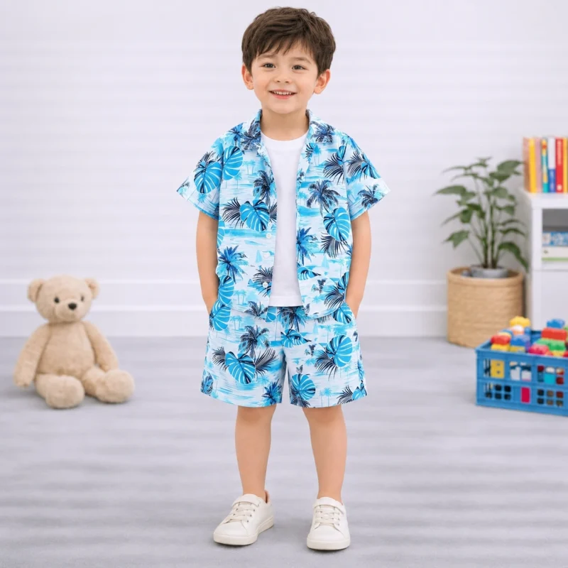 Casual Leaf Ditsy Floral Summer Short Suit For Kids