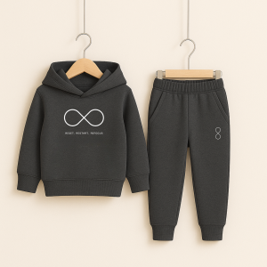 Charcoal Reset and Restart Printed Hooded Tracksuit for Young Kids