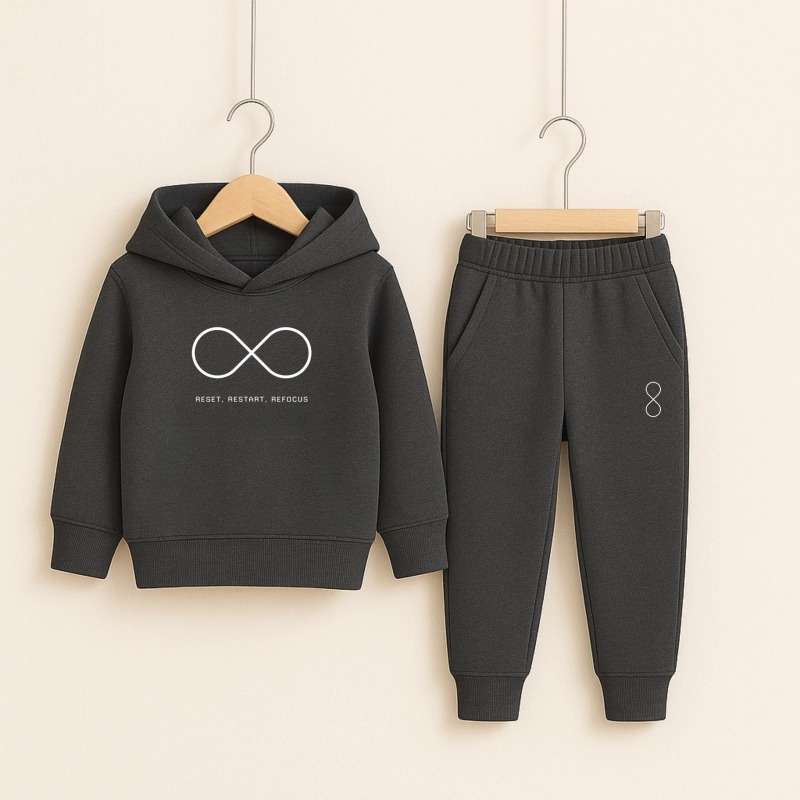Charcoal Reset and Restart Printed Hooded Tracksuit for Young Kids Charcoal Reset and Restart Printed Hooded Tracksuit for Young Kids