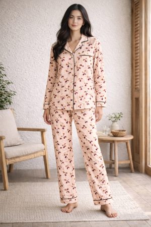 Ivory Bloom Floral Piped Nightwear Set for Womens