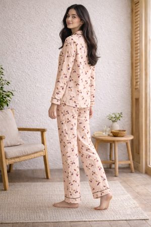 Ivory Bloom Floral Piped Nightwear Set for Womens