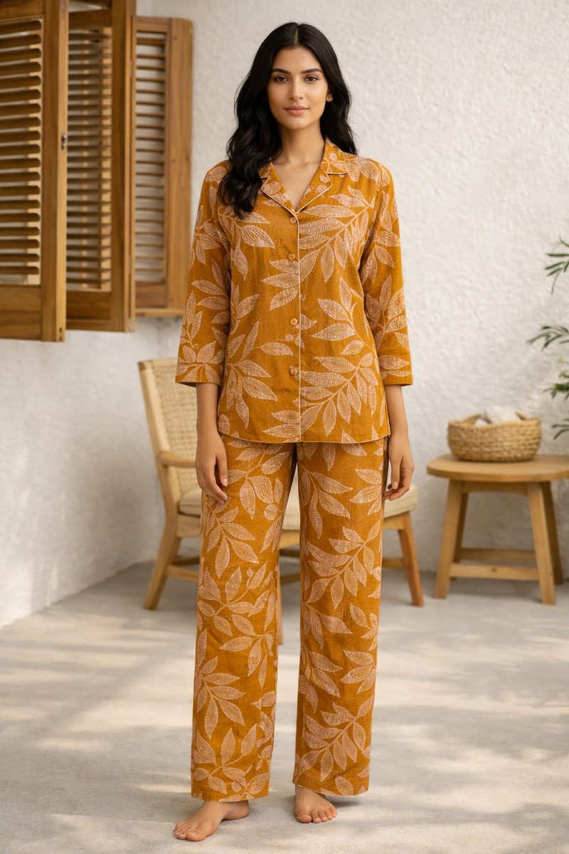 Leaf Lounge Mustard Printed Nightwear Set for Womens Leaf Lounge Mustard Printed Nightwear Set for Womens