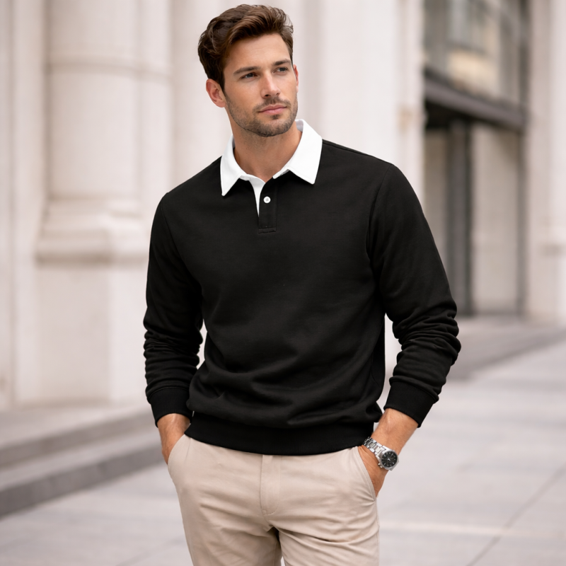 Black & White Polo Collar Long Sleeve Sweatshirt for Mens