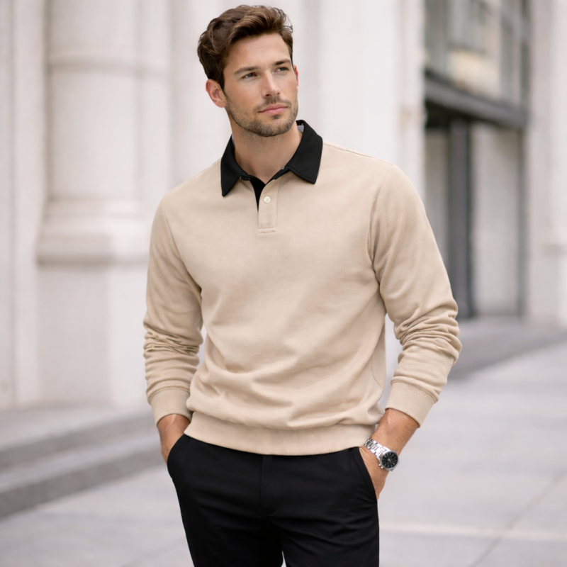 Black & Beige Polo Collar Long Sleeve Sweatshirt for Mens Black & Beige Polo Collar Long Sleeve Sweatshirt for Mens