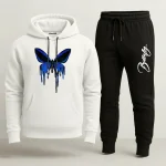 Contrast Black and White Butterfly Printed Hooded Tracksuit for Women