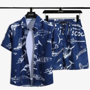 Men Dolphin Spark Navy Blue Printed Summer Beach Short Suit