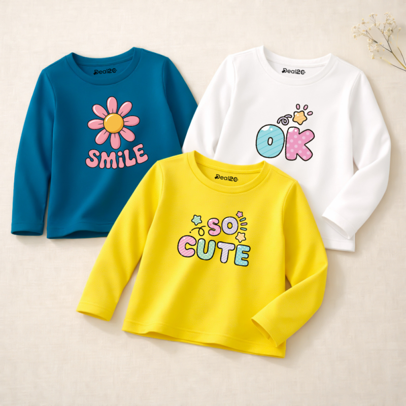 Pack of 3 OK Cute Smile Printed Long Sleeve T-shirts for Girls Pack of 3 OK Cute Smile Printed Long Sleeve T-shirts for Girls