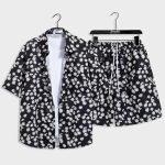 Men Dotted Black And White Floral Printed Summer Beach Short Suit