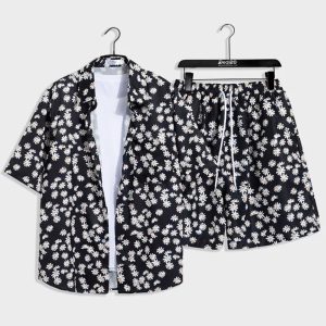 Men Dotted Black And White Floral Printed Summer Beach Short Suit