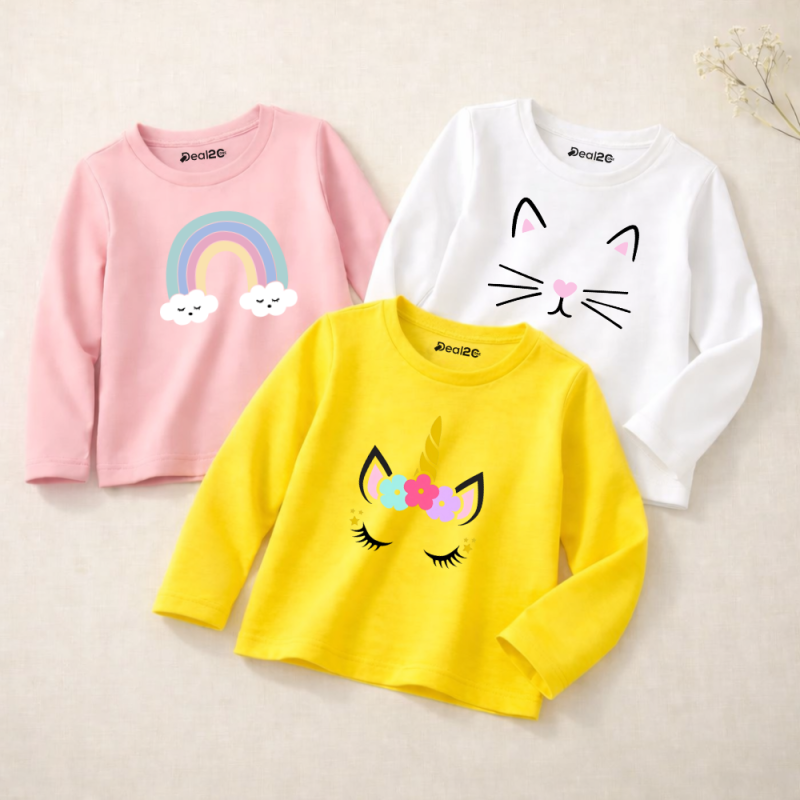 Pack of 3 Unicorn Printed Long Sleeve T-shirts for Girls