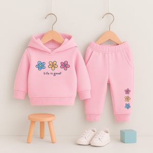 Good Floral Printed Pink Hooded Tracksuit for Girls