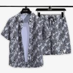 Men Grey Palm Tree Checked Printed Summer Beach Short Suit