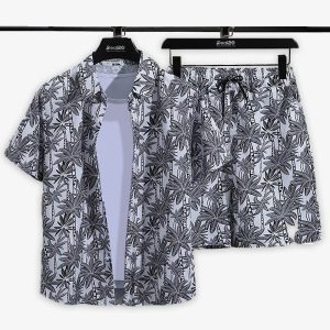 Men Grey Palm Tree Checked Printed Summer Beach Short Suit