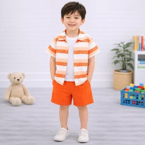 Kids Orange Attractive Striped Pattern Summer Short Suit