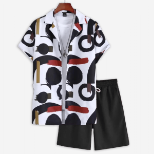 Mens Lapel Brush Abstract Art Printed Summer Short Suit