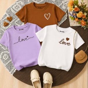 Pack of 3 Love Graphic Printed T-Shirts for Girls
