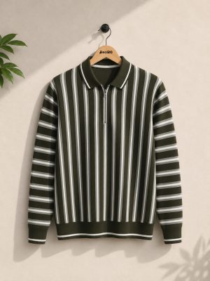 Stripe Zip Army Green Collar Shirt for Mens