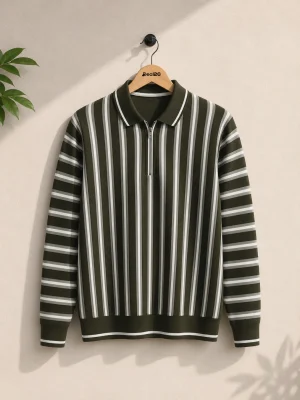 Stripe Zip Army Green Collar Shirt for Mens