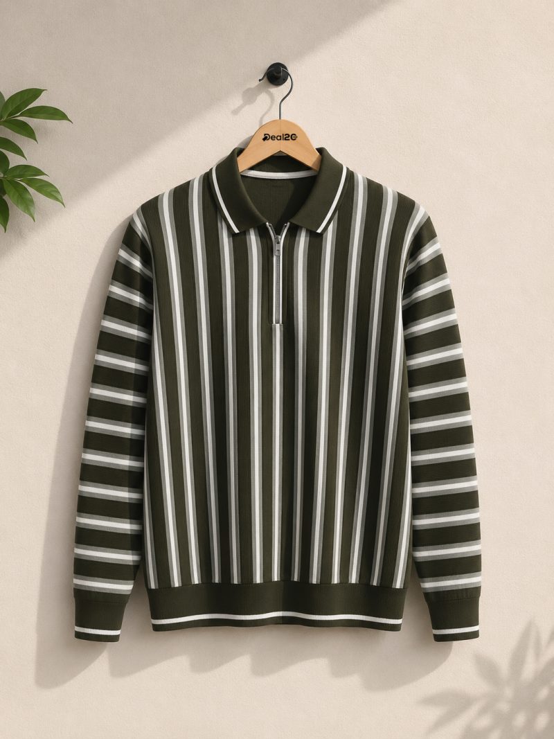 Stripe Zip Army Green Collar Shirt for Mens Stripe Zip Army Green Collar Shirt for Mens