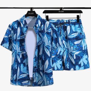 Men Multi Flower Royal Blue Printed Summer Beach Short Suit