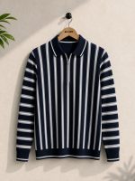 Stripe Zip Navy Blue Collar Shirt for Mens