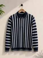 Stripe Zip Navy Blue Collar Shirt for Mens