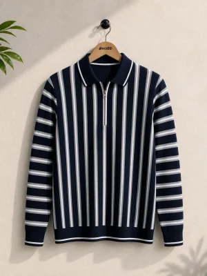 Stripe Zip Navy Blue Collar Shirt for Mens