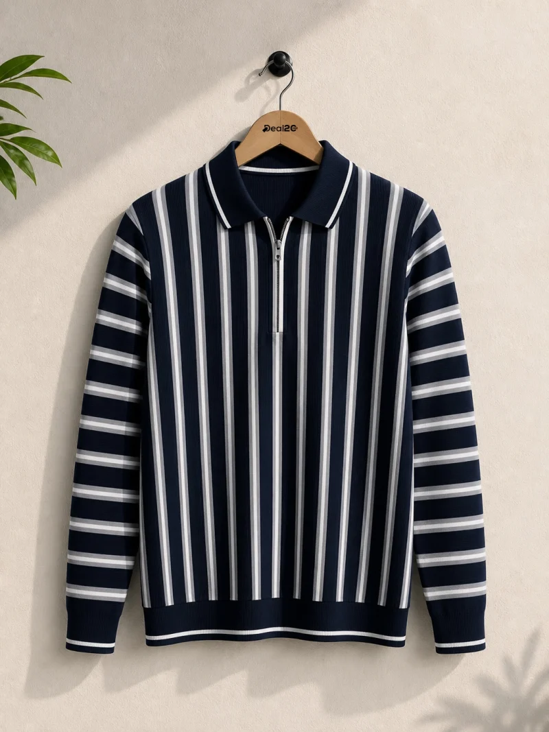 Stripe Zip Navy Blue Collar Shirt for Mens