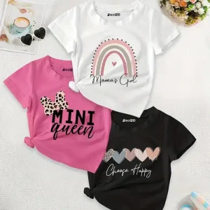 Pack of 3 Queen Girl Happy Printed Summer T-Shirts For Girls