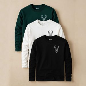Pack of 3 Urban Wild Stag Printed Full Sleeve T-Shirts for Men