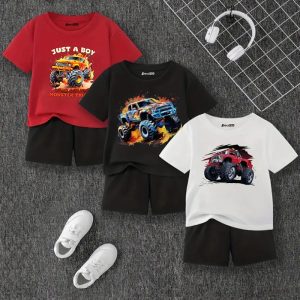 Pack of 3 Monster Truck Printed Summer Short Suits For Kids