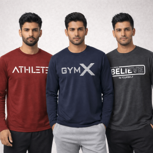 Pack of 3 Athlete Gym Believe Printed Long Sleeve T-shirts for Men