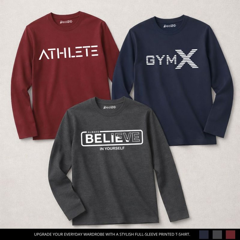 Pack of 3 Athlete Gym Believe Printed Long Sleeve T-shirts for Men