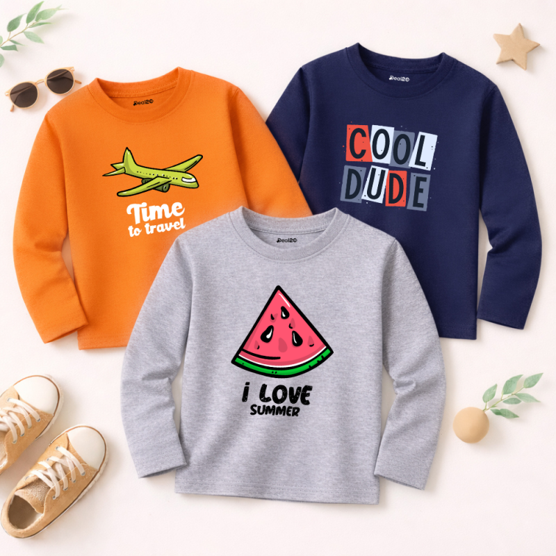 Pack of 3 Love Cool Travel Printed Long Sleeve T-shirts for Young Kids
