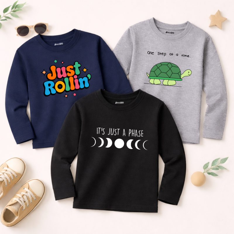 Pack of 3 Rollin Time Phase Printed Long Sleeve T-shirts for Young Kids