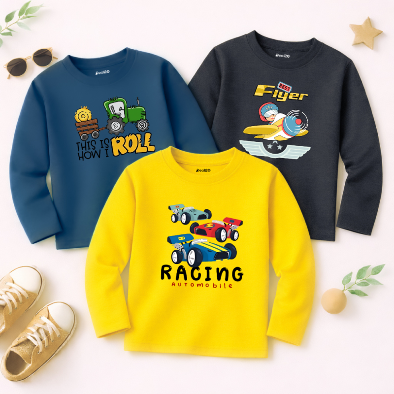Pack of 3 Sky Racing Roll Flyer Printed Long Sleeve T-shirts for Young Kids Pack of 3 Sky Racing Roll Flyer Printed Long Sleeve T-shirts for Young Kids