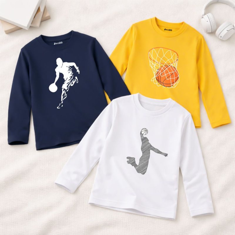Pack of 3 Sports Ball Printed Long Sleeve T-shirts For Tween Kids